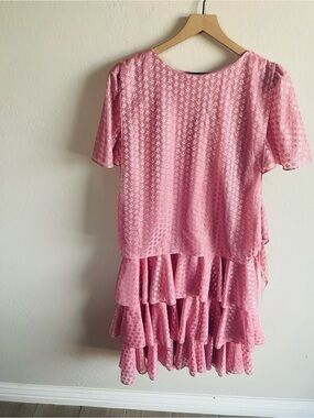 Vintage MCS Ltd Women’s Floral Shimmer Pink Layer Ruffled Midi Dress Old Money